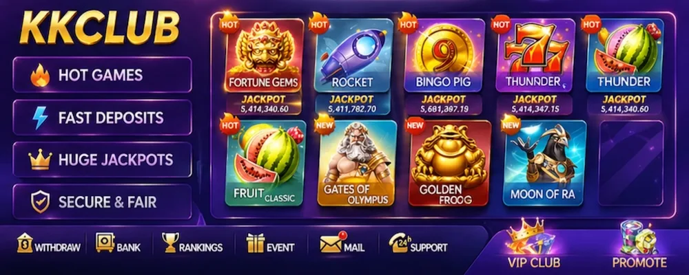 KK Club casino lobby — slots, jackpots, and live tables